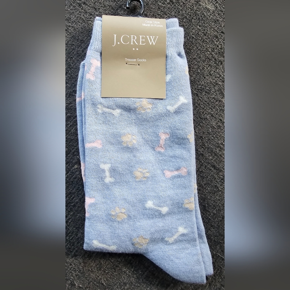 J. Crew Factory Socks with Bone and Paw Design Light Blue NWT